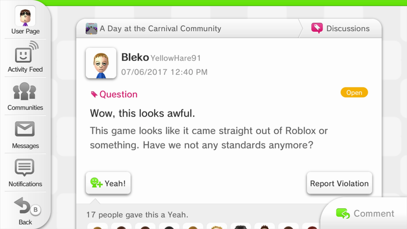 Another user expresses disdain for the graphics in A Day at the Carnival.
